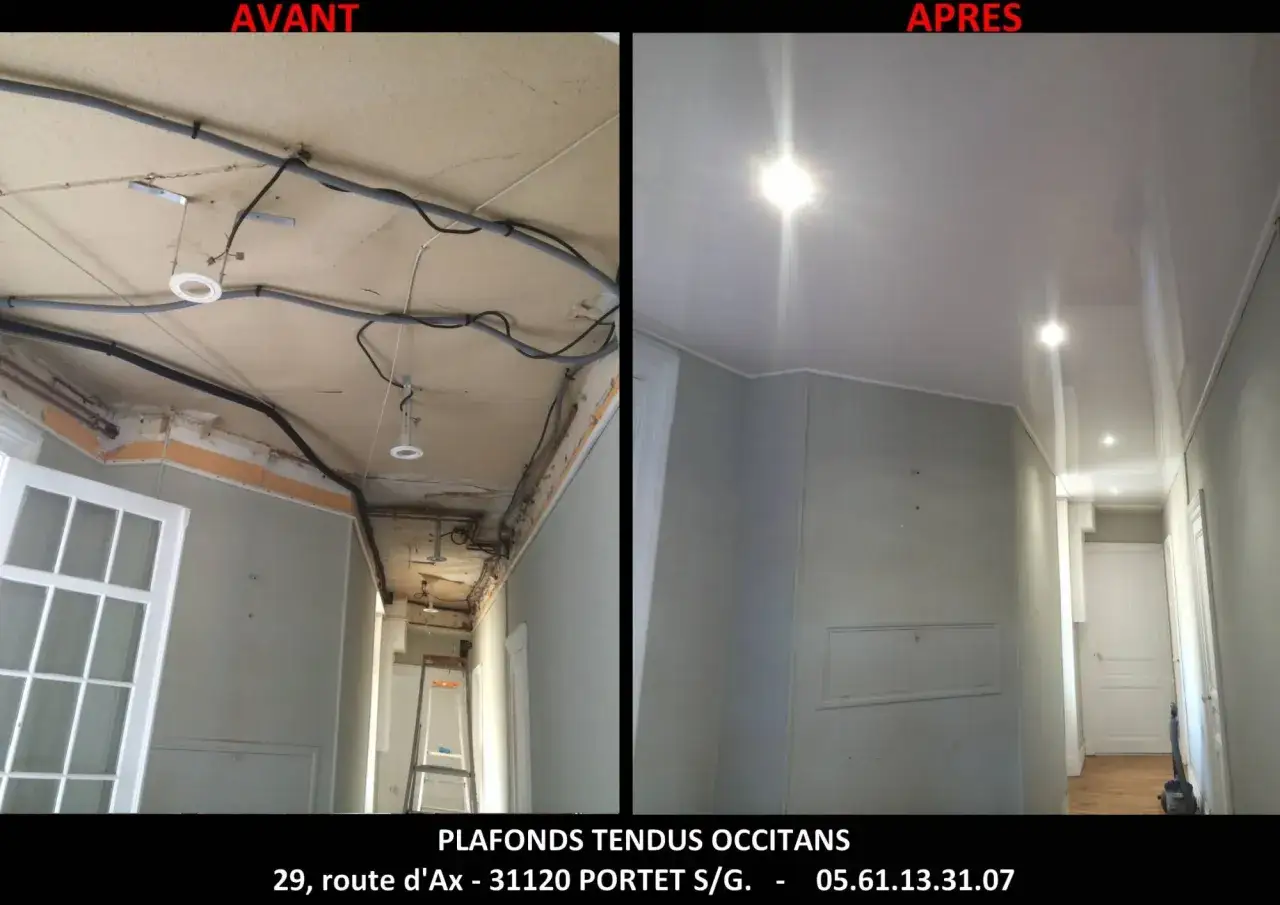 Avant/Apr&egrave;s : un vieux plafond avec c&acirc;bles apparents transform&eacute; en un coffrage spot plafond lisse et lumineux.