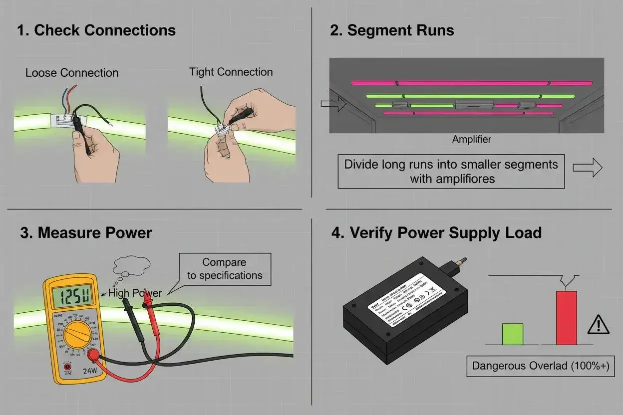 Instructions pour l'installation de rubans LED 12V : v&eacute;rifier connexions, segmenter les longues lignes, mesurer la puissance et v&eacute;rifier la charge de l'alimentation.