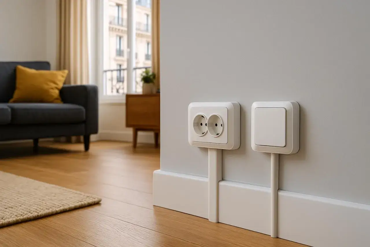 Solution élégante pour installer une prise électrique sans percer. Prises et interrupteur blancs fixés sur un cache-fil discret le long du mur.