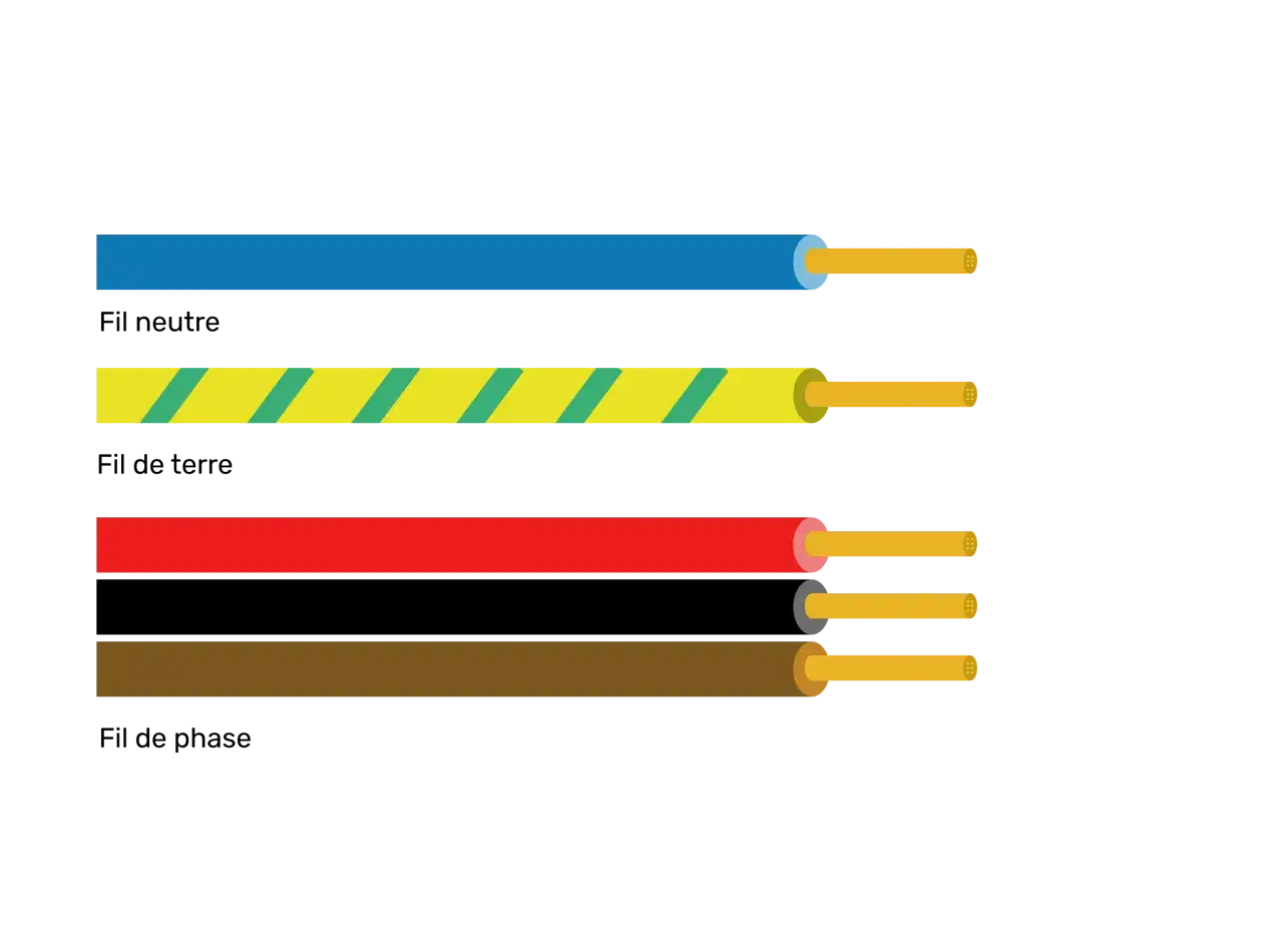 Quatre fils &eacute;lectriques de diff&eacute;rentes couleurs : bleu, jaune &agrave; rayures vertes, rouge et marron.