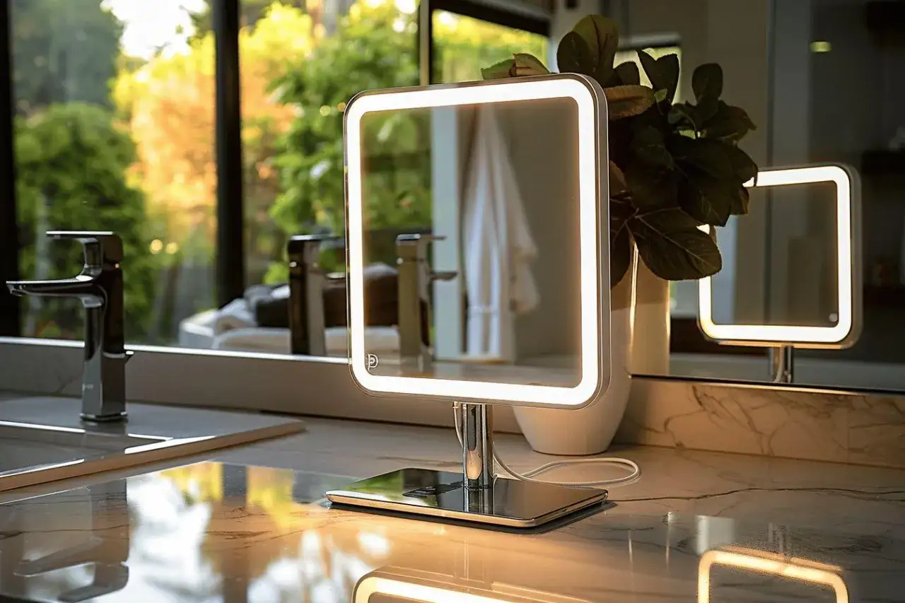 Miroir lumineux carr&eacute;, id&eacute;al pour le maquillage. La lumi&egrave;re LED int&eacute;gr&eacute;e offre un &eacute;clairage parfait pour un teint impeccable.