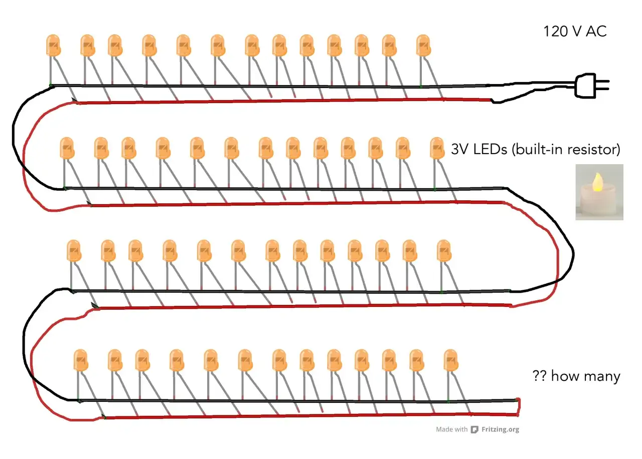 Sch&eacute;ma montrant comment brancher plusieurs LED ensemble en s&eacute;rie. Les LED 3V sont connect&eacute;es &agrave; une source 120V AC.
