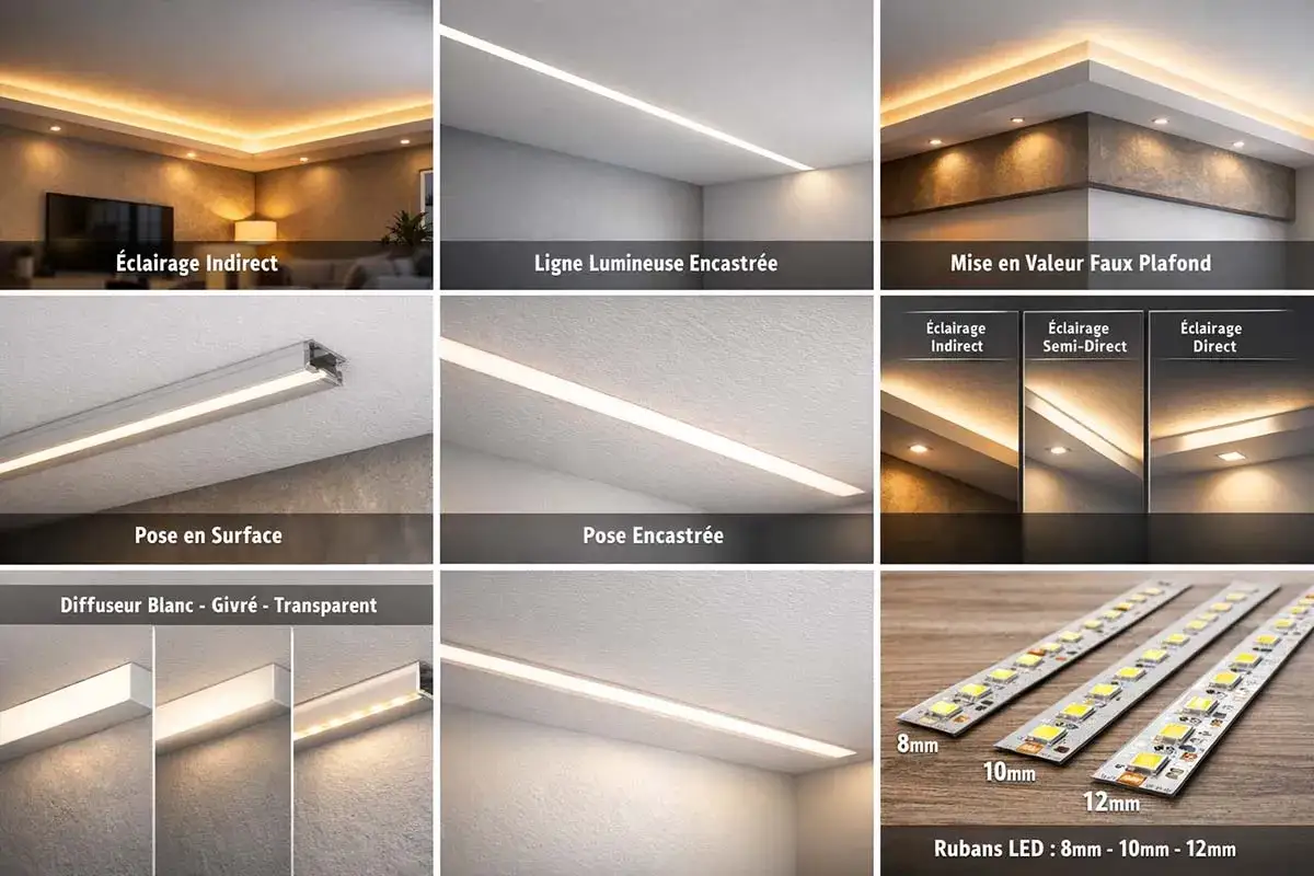 Diverses installations de réglette led encastrable : en plafond, en corniche, en applique. Différents diffuseurs et rubans LED.