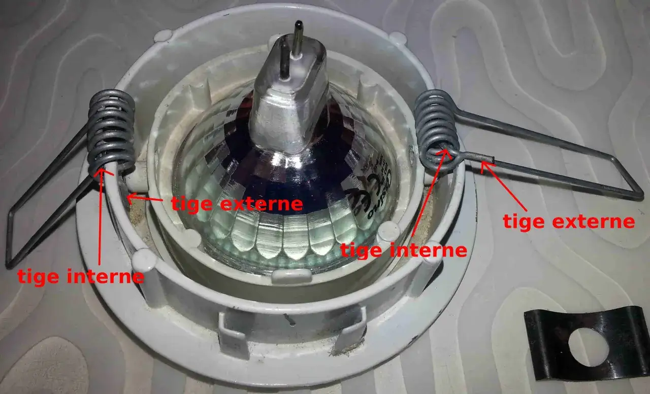 D&eacute;tail du m&eacute;canisme de maintien d'un spot de plafond, montrant les tiges internes et externes avec leurs ressorts, pour faciliter le retirer spot plafond.