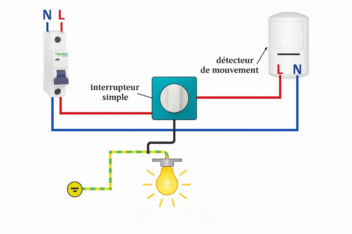 Schéma de branchement d'un projecteur avec détecteur de mouvement, interrupteur simple et disjoncteur.