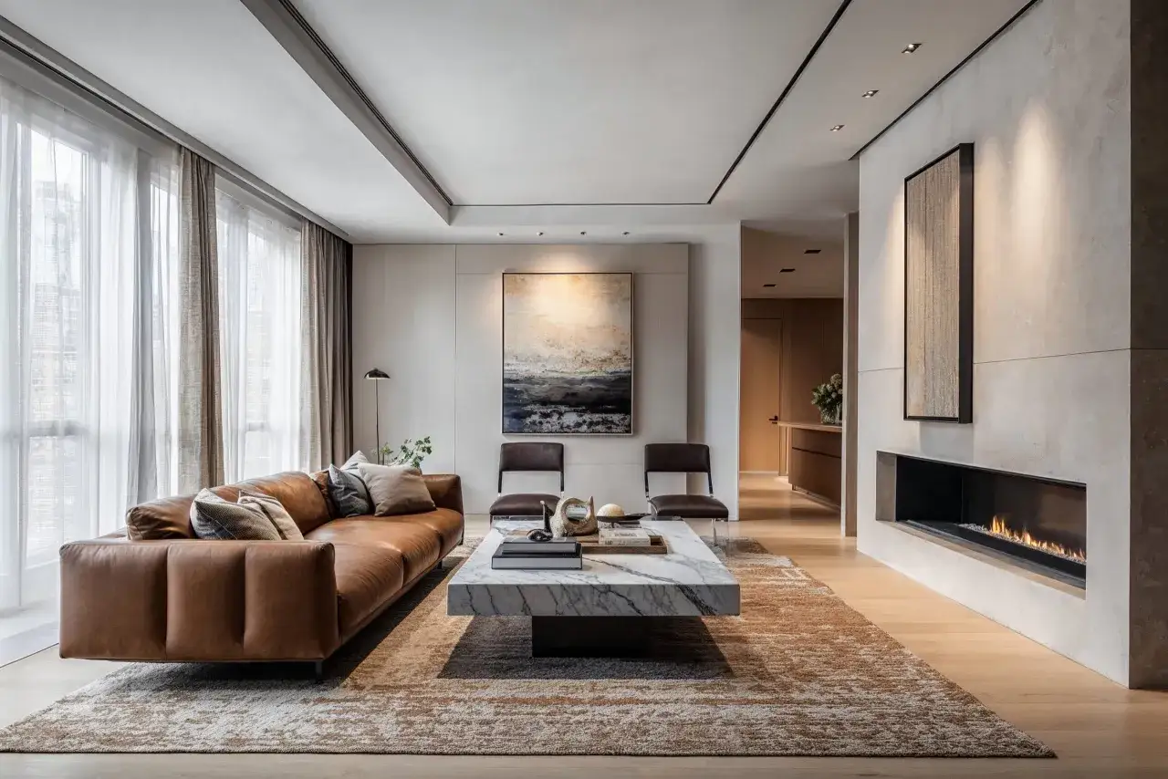 Un salon moderne avec un canap&eacute; en cuir marron, une table basse en marbre et une chemin&eacute;e. Un exemple parfait de guide pratique de l'&eacute;clairage.