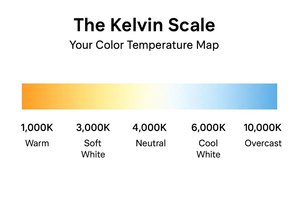 Échelle Kelvin : une carte de la température lumière, du chaud (1000K) au froid (10000K).