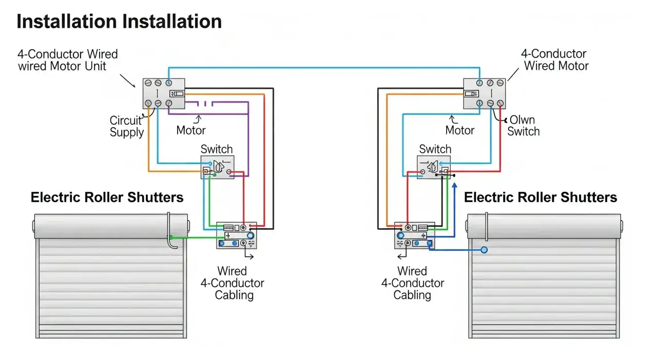 Sch&eacute;ma de branchement volet roulant 4 fils : alimentation, moteur et interrupteur pour deux volets &eacute;lectriques.