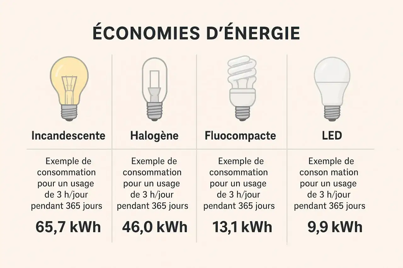 Comparaison des 4 types d'ampoules : incandescente, halog&egrave;ne, fluocompacte et LED, montrant leur consommation d'&eacute;nergie annuelle.