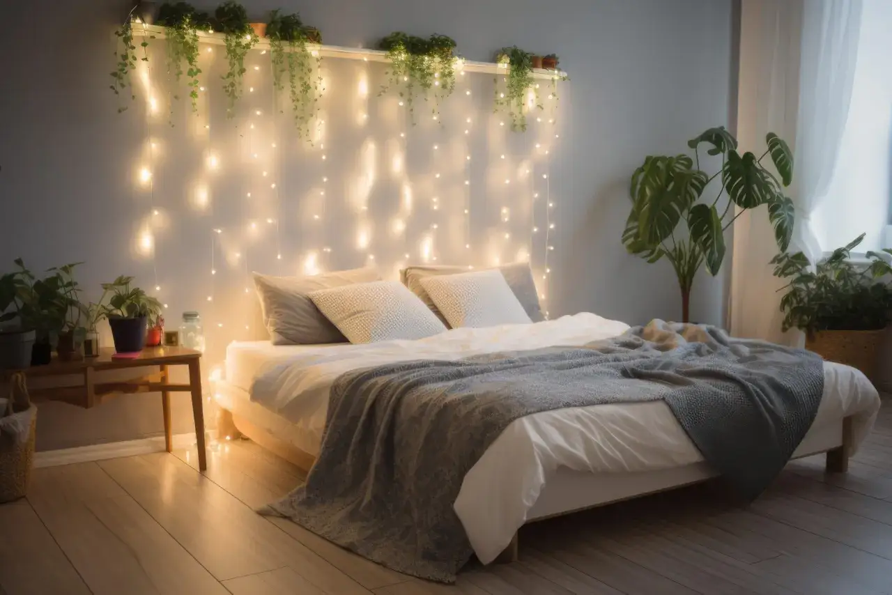 Une chambre douillette avec un lit, des plantes et une guirlande lumineuse accroch&eacute;e au mur pour une ambiance chaleureuse.
