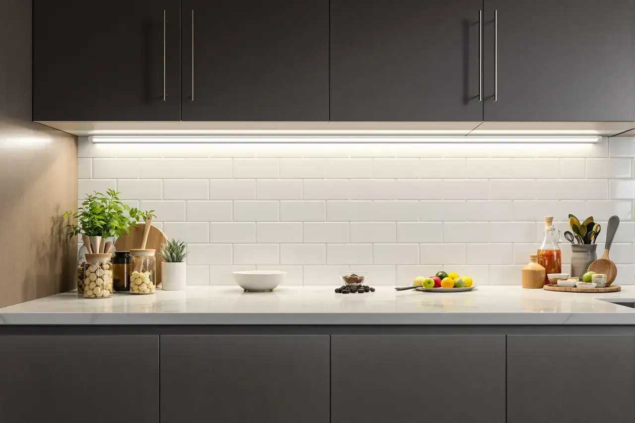 &Eacute;clairage subtil sous les armoires sombres, mettant en valeur le carrelage blanc et les objets d&eacute;coratifs. Une reglette LED design illumine la cuisine.