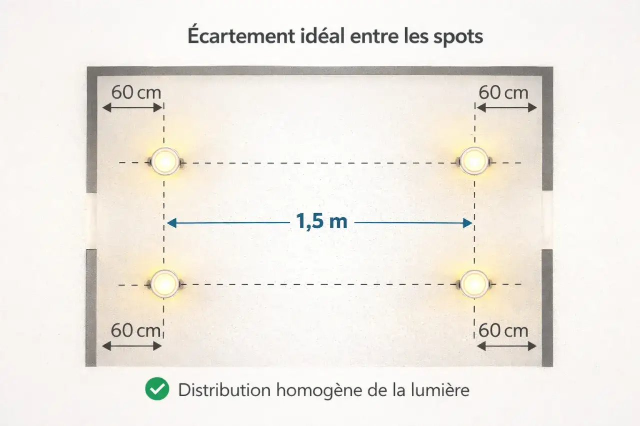 Schéma montrant l'espacement idéal des spots : 60 cm des bords et 1,5 m entre eux pour une hauteur minimum faux plafond.