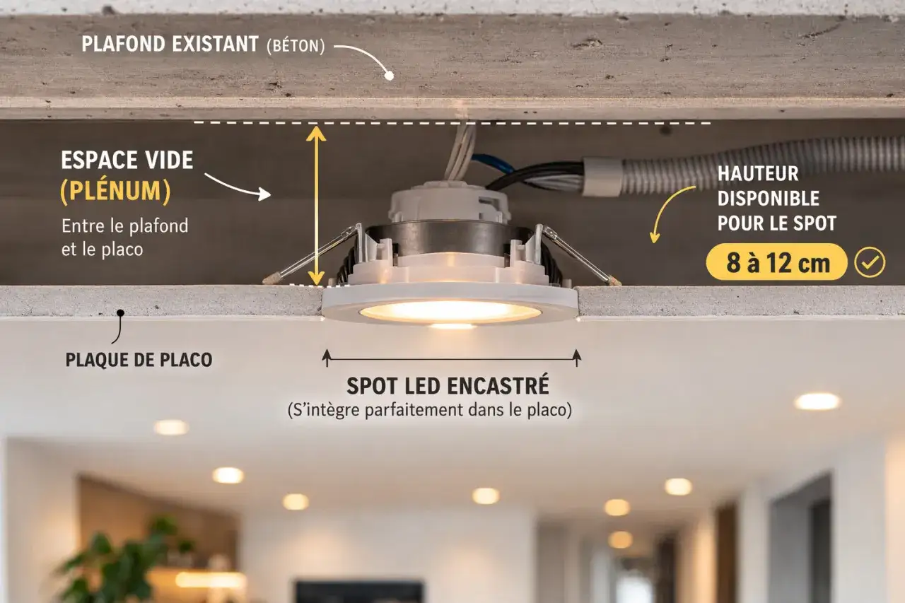 Installation d'un spot LED encastr&eacute; dans un faux plafond en plaques de pl&acirc;tre. L'espace vide (pl&eacute;num) entre le plafond existant et le placo doit mesurer entre 8 et 12 cm.