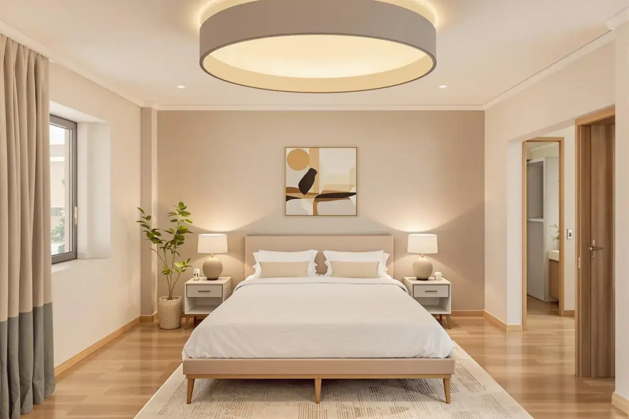 Chambre paisible avec un grand luminaire rond au plafond, un lit douillet et une décoration murale abstraite. L'éclairage chambre est doux et invitant.