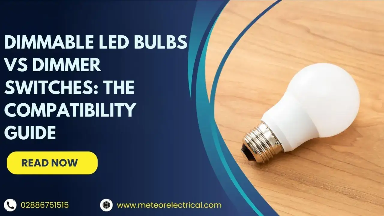 Une ampoule LED gradable repose sur une surface en bois. Le texte indique 