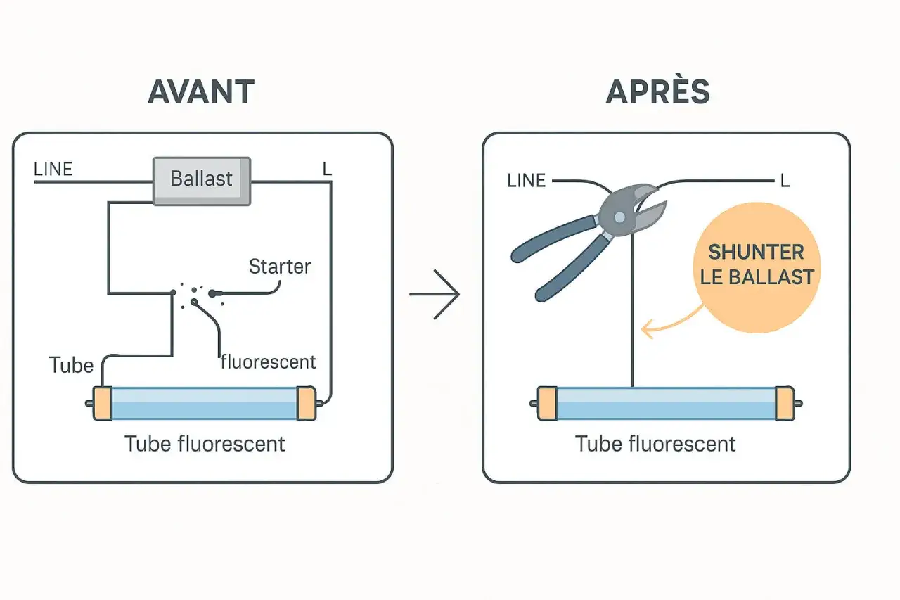 Sch&eacute;ma avant/apr&egrave;s : le ballast d'une lampe fluorescente est shunt&eacute; avec une pince pour modifier le circuit &eacute;lectrique.