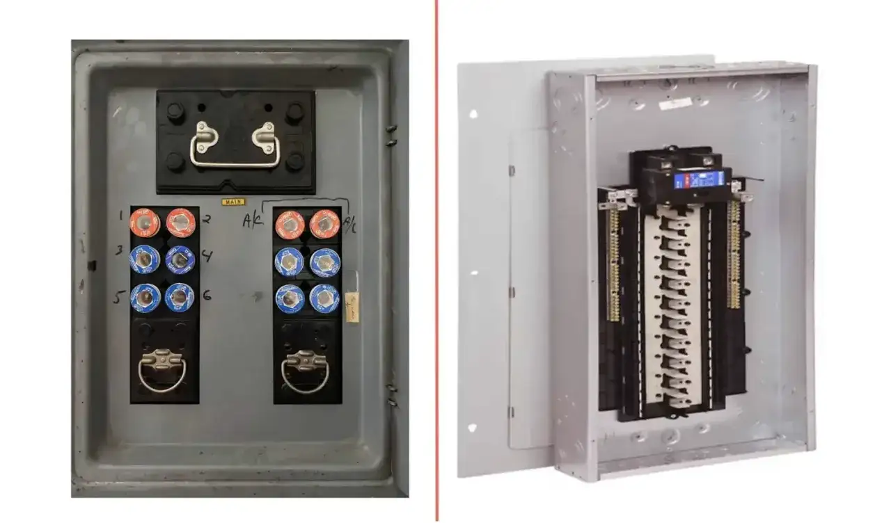 Comparaison d'un ancien panneau de fusibles et d'un nouveau panneau de disjoncteurs. L'ancien syst&egrave;me utilise des fusibles, tandis que le nouveau syst&egrave;me est un panneau de disjoncteurs moderne.