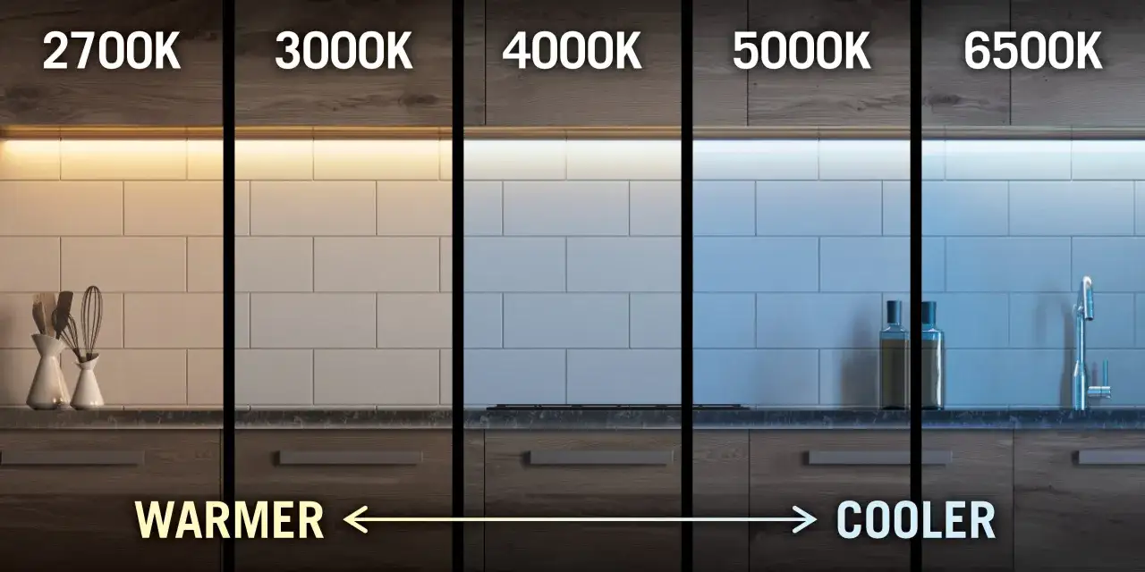 Comparaison de la temp&eacute;rature de couleur d'un &eacute;clairage led : de 2700K (chaud) &agrave; 6500K (froid), montrant l'effet sur une cuisine.