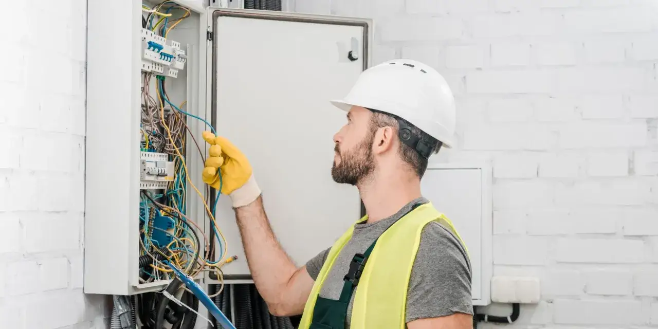 Un &eacute;lectricien porte un casque et des gants jaunes, inspectant un panneau &eacute;lectrique complexe. Il v&eacute;rifie le disjoncteur de la machine &agrave; laver.