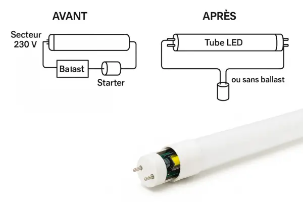 Schéma avant/après : un tube fluorescent avec ballast et starter, puis un tube LED sans ballast. L'électricité est simplifiée.
