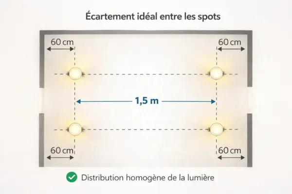 Schéma montrant l'espacement idéal des spots encastrables : 60 cm des murs et 1,5 m entre eux pour une lumière homogène.