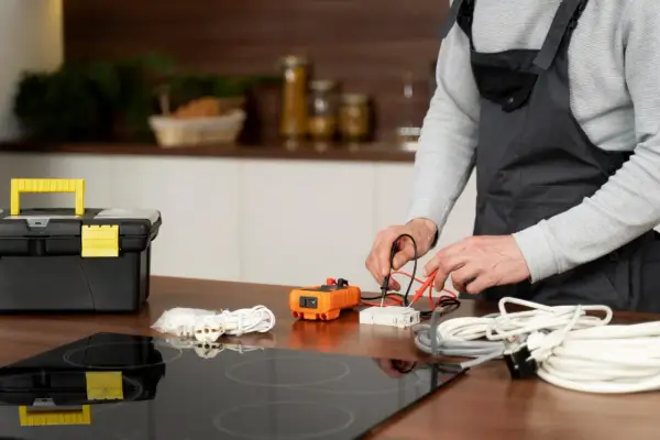 Un technicien vérifie un fusible pour plaque induction avec un multimètre. Outils et câbles à proximité.