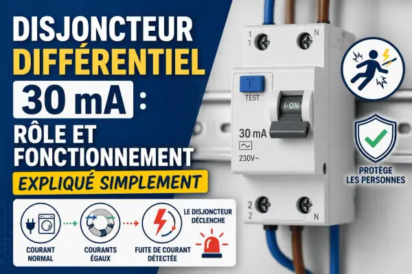 Disjoncteur différentiel 30 mA protégeant des fuites de courant. Il détecte le courant résiduel pour la sécurité des personnes.