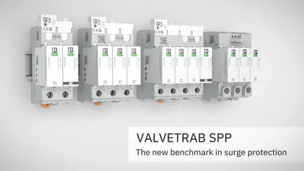 Ensemble de parafoudres VALVETRAB SPP de Phoenix Contact, conçus pour la protection contre les surtensions. Le **contact sec** est intégré pour une signalisation d'état.