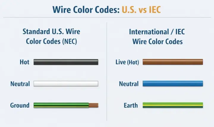 Comparaison du couleur fil électrique : US (noir, blanc, vert) vs IEC (brun, bleu, vert/jaune).