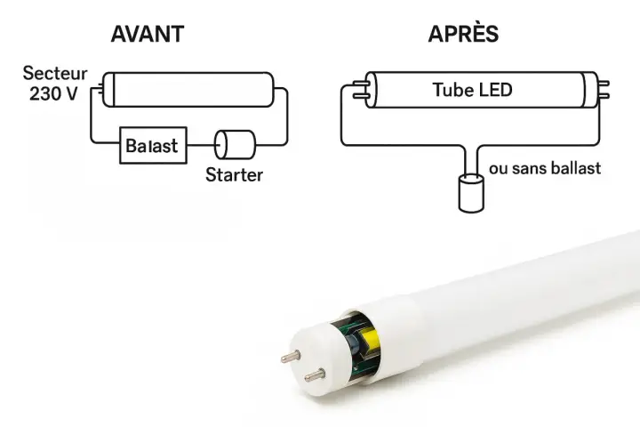 Schéma avant/après : un tube fluorescent avec ballast et starter, puis un tube LED sans ballast. L'électricité est simplifiée.